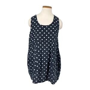 Luca Vanucci 100% Linen Lantern Mini Dress Navy Polka Dot Large Beachy Coastal